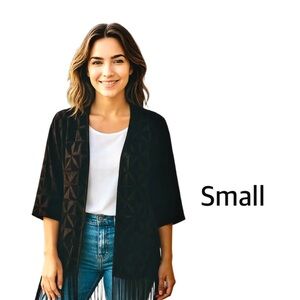 Cato Black Geometric Fringe Kimono Open Front Velour Shawl